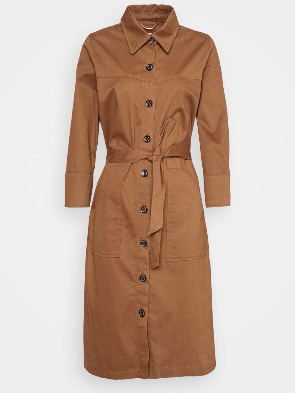 Shelby Cole in Chestnut Brown. Button-Front Midi Shirt Dress with Self-Tie Belt